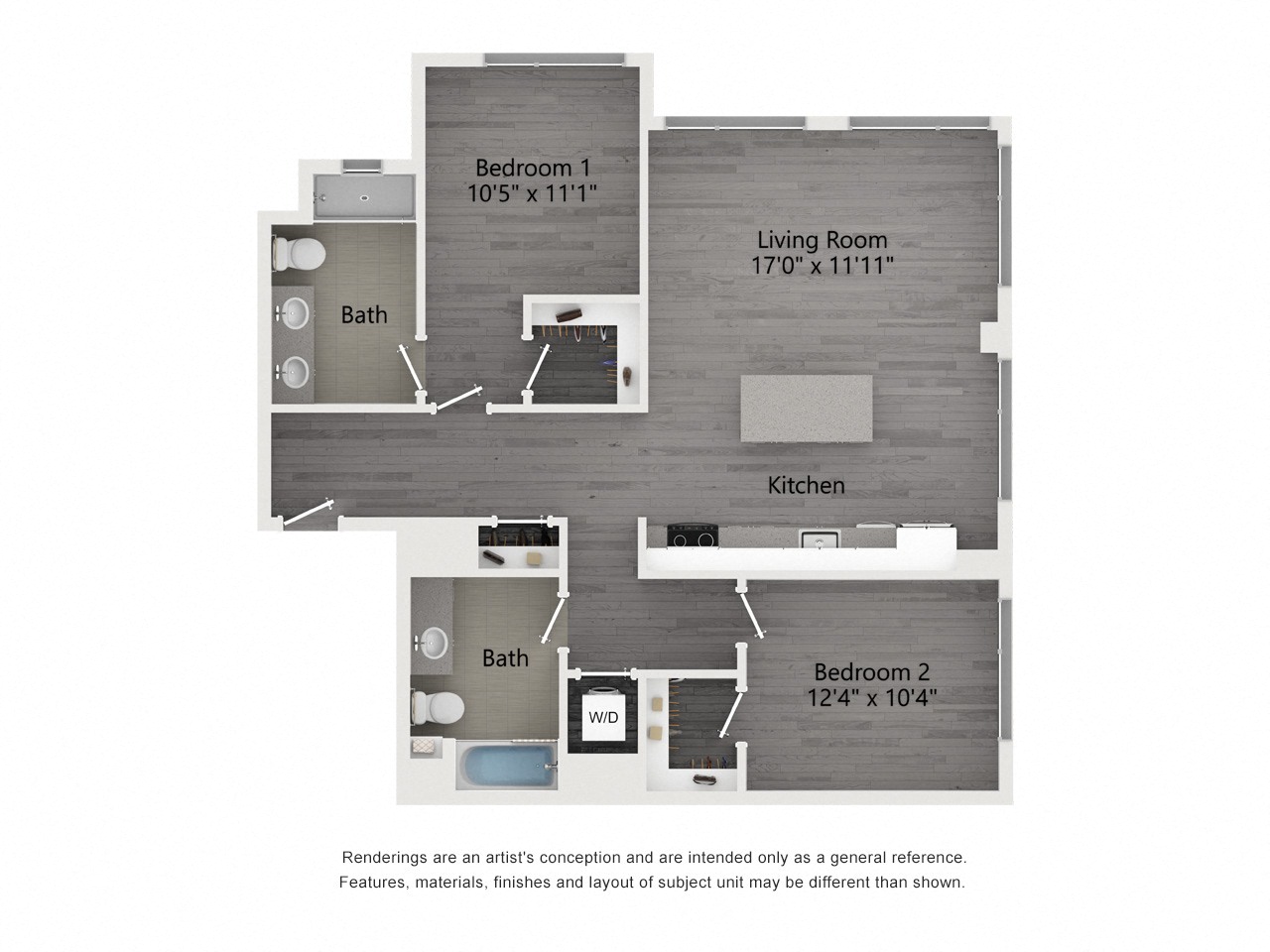 Floor plan for 2 beds, 2 baths, 1040 sqft